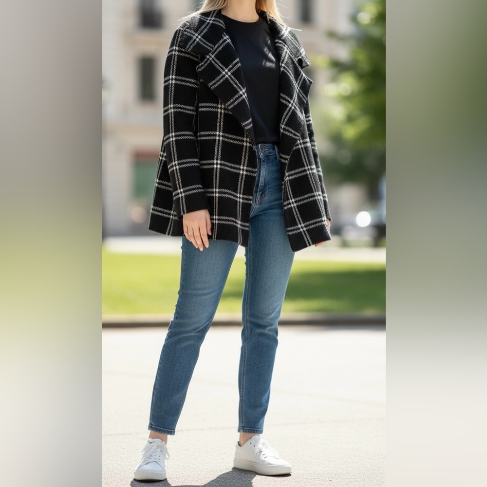 Cleo Black & White Plaid Draped Knit Jacket Women’s Small